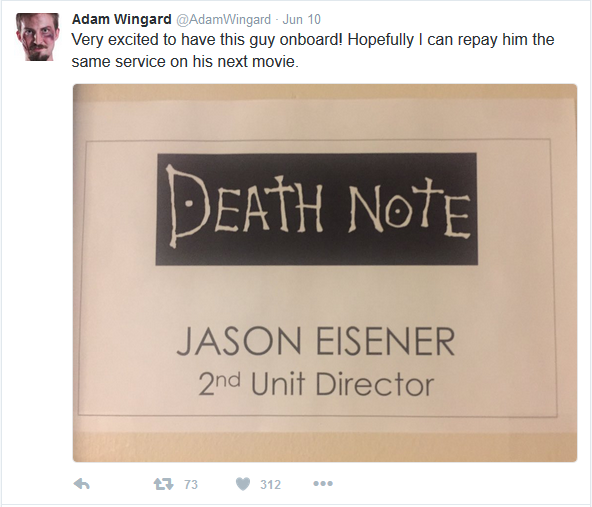 Adam Wingard Death Note Jason Eisener tweet (June 10th 2016)