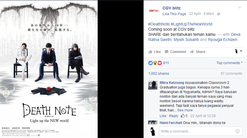 Facebook: CGV Blitz to show Death Note movie in Indonesia